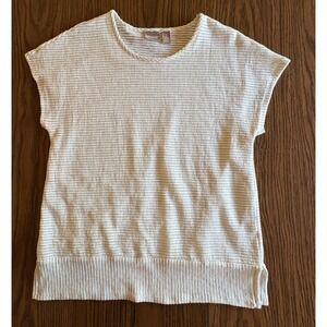 Chico's Size 2/Large Ivory Textured Knit Top Short Sleeve Ribbed Hem Lined EUC